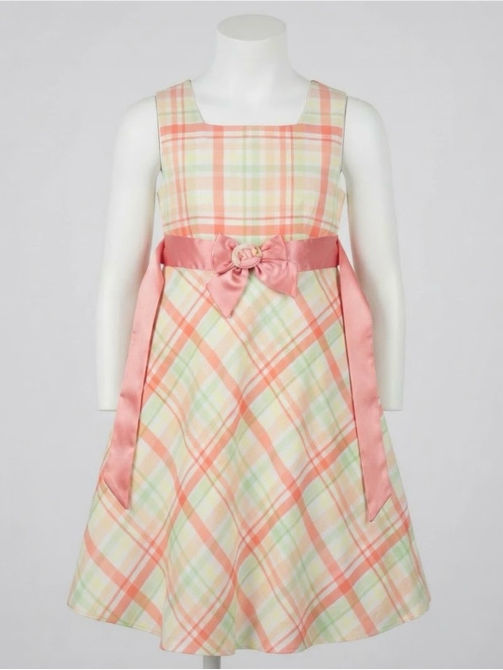 George Peach-Pink Plaid Sash A-Line Dress
